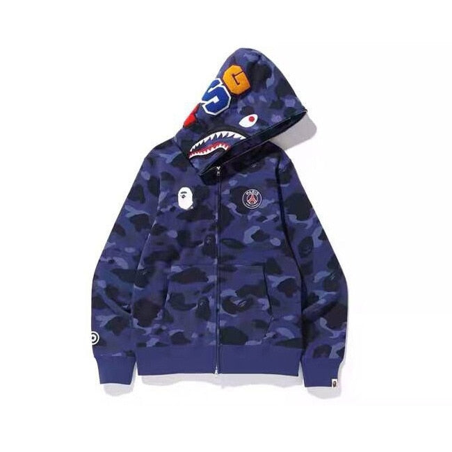 Popular Brand bape x psg Paris Saint Germain Joint Camouflage Blue Hoodie Men And Women Celebrity Style Couples Hoodie